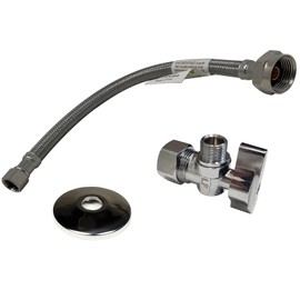 Complete Toilet Set Valve 1/2 in. NOM Inlet x 3/8 in. OD Compression Outlet Angle Shut Off + Escutcheon Plate + 12" Long Stainless Steel Braided Brass Nut Water Supply Line