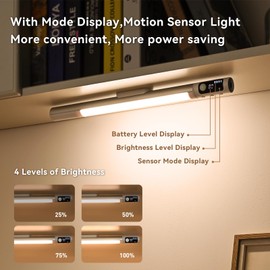 15'' Under Cabinet Lighting,44LED Motion Sensor Lights with LED Display,USB Rechargeable Magnetic Closet Lights, Sensor Rotatable,Wireless Under Counter Lights for Stairway Wardrobe (Silver)
