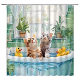 Cute Cat Shower Curtain Funny Kittens Teal Plants Bathtub Duck Watercolor Oil Painting 70" Wx70 H Fabric Bathroom Decor Curtain with Hooks