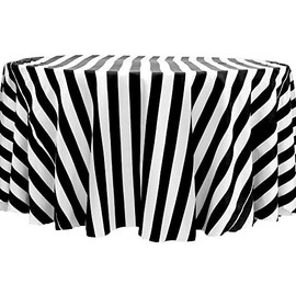 CVL Stripe 120" Satin Round Tablecloth Approx. 120” Diameter with Two Side Seams; Edge: Serged - Black & White, 1 Pk