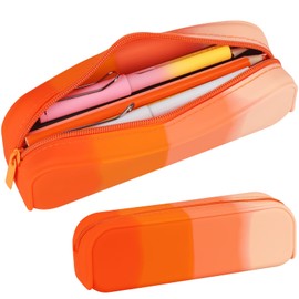 Pencil Holder Case, Gradient Color Silicone Waterproof Pencil Pouch, Portable Silicone Pencil Bag Aesthetic Zipper Pencil Pouch for School Supplies Office College Teen Girls Adults (Orange)
