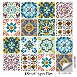 16 Pcs (6x6 in) Mandala Style Decorative Tile Stickers, Peel and Stick Self Adhesive Removable Tiles Backsplash Waterproof Kitchen Bathroom Furniture Staircase Home Decor Wall Sticker (TS-001-L)