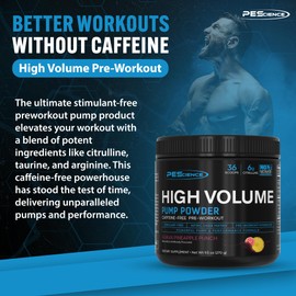 PEScience High Volume Stim-Free Pre Workout Pump Powder, Nitric Oxide Booster with L Citrulline & L Arginine Nitrate, Non-Stim Preworkout for Men and Women, 36 Scoops, Guava Pineapple Punch