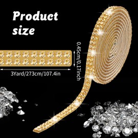Self Adhesive Rhinestone Strips Bling Crystal Rhinestone Ribbon Glitter Diamond Roll Stickers Trim Rhinestones for DIY Crafts Fabric Car Shoes Mobile Phone Décor(2 Rows of 3 Yards, Gold)