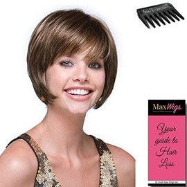 Audrey Wig Color Iced Mocha - Noriko Wigs Short 6" Layered Bob Angled Sides Synthetic Average Cap Bundle w/Comb, MaxWigs Hairloss Booklet