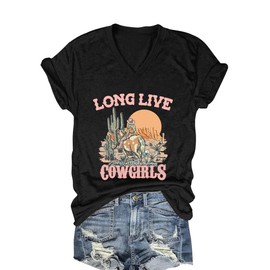 OUMASK Women Long Live Cowgirl Shirt V-Neck Cactus Graphic Tees Summer Vacation T-Shirt Tops