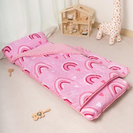 Beavtaens Nap Mat, Toddler Nap Mat with Removable Cover, 55"x22" Kids Sleeping Mat for Travel, Thick Kids Nap Mat with Soft Minky Dots, Name Tag Included for Preschool (Rainbow)