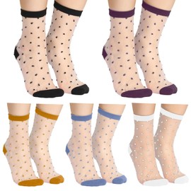 Hariendny 5 Pairs See-Through Socks Colorful Striped Dot Ultra-Thin Glass Socks Sheer Socks Mesh Casual Lace Socks Thin Fishnet Socks for Women