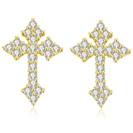 18K Gold Plated Sterling Silver Cross Stud Earrings for Women Men, CZ Cross Stud Hypoallergenic Jewelry Gift