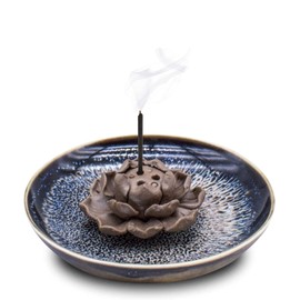 Ceramic Handicraft Incense Burner Bowl, Incense Holder, with Lotus Bracket(Non-Removable) for Home Decor Yoga Spa Meditation 4.53'' (Blue)