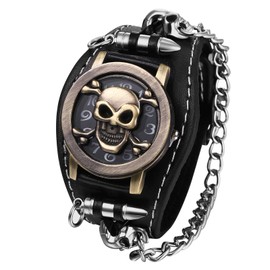 Silverora Men's Watches Women's Watches Punk Skull: Analogue Quartz Watches Women Men Reversible Skull Ball Cover Wrist Watches with Leather Strap Chain Men Women Black