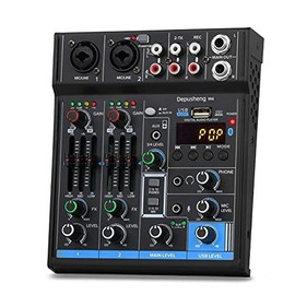 4-Channel USB Interface Mixer, DJ Sound Controller Mini Mixer Professional Digital Audio Portable Sound Mixing Console with Sound Card & Bluetooth Function for PC Recording - Depusheng M4, Black