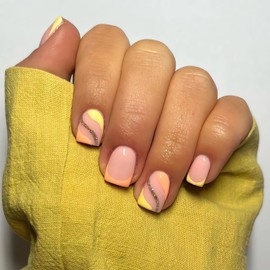 24 Pcs Short Press on Nails French Square Fake Nails Yellow French Tip False Nails with Design Lines and Glitters Glossy Glue on Nails Full Cover Short Artificial Nails Stick on Nails for Women