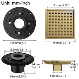 YANCASENO 6 Inch Square Shower Floor Drain with Flange,Quadrato Pattern Grate Removable,Food-Grade SUS 304 Stainless Steel,Brushed Gold