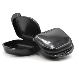 Henry Schein Retainer Cases for Retainers, Dentures, Mouth Guards, and other Accessories. With Vent Holes and Write-on I.D. Area, Secure Snap Closure - Black (2 Pack)