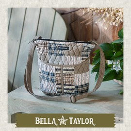 Bella Taylor Hipster Crossbody Purse for Women | Medium Size Shoulder Bag with Adjustable Strap | Quilted Cotton Ashmont Tan, Grey and Cream Patchwork