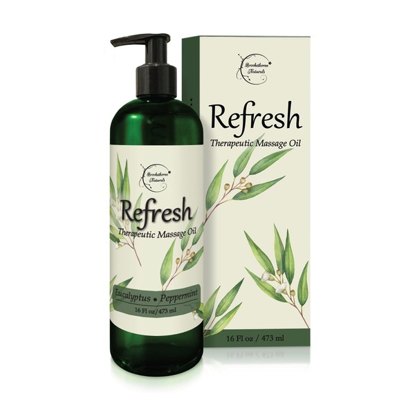 Refresh Massage Oil with Eucalyptus & Peppermint Essential Oils - Great for Massage Therapy. All Natural Muscle Relaxer. Ideal for Full Body Massage – Nut Free Formula 16oz