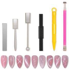 Magnetic Nail Art Kit for Cat Eye Gel, Cat Eye Nail Tool, Stick, Magnet, Magnetic Pen, Brush, Long Magnet, Double Ended Floral Magnet, 3D Net, Star & Galaxy Design, Cat Eye Effect, DIY Nail Design, Set of 6