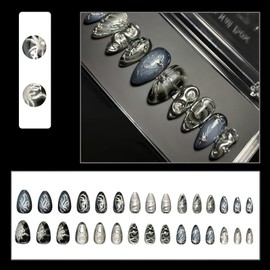 Jremg Dark Press on Nails Medium Almond Fake Nails with Silver Pearl Design Glossy 3D Irregular lines False Nails Gothic Full Cover Glue on Nails Reusable Y2k Artificial Stick on Nails for Women 24Pcs