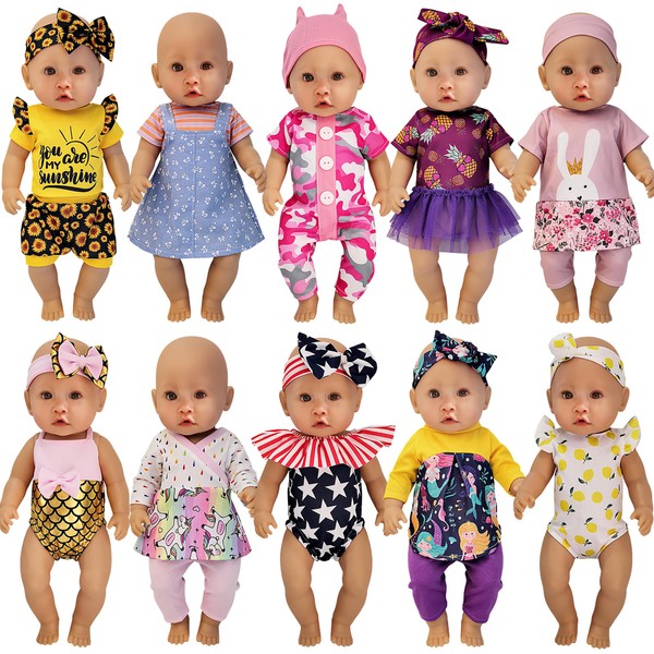 10 Sets 14-16 Inch Baby Doll Clothes Dress Outfits Headbands