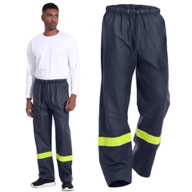 FWG Men’s Waterproof Rain Pants with Reflective Tape – Heavy Duty Workwear with Adjustable Elastic Waist & Snap Leg Openings(Blue-Reflective, L)
