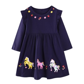 Toddler Girls Casual Dresses Flutter Sleeve Embroideried Unicorn School Outfits Kids Cotton Playwear Fall Dress 5T