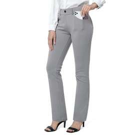 M MOTEEPI Dress Pants for Women 29'' High Waisted Stretch Work Pants Straight Leg Pull on Yoga Dress Pants for Business Casual Pockets Light Grey Large