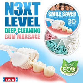 SMILE SAVER 360° Deep Clean 3-Sided Toothbrush + 7-Pack Replacement Heads 3D Triple Clean + Soft Gum Massage | Built-In Tongue Scraper | Child Kids Adults Braces Special Needs Travel | Made in America