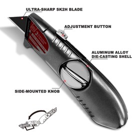 HAUTMEC Heavy-Duty Retractable Utility Knife, Aluminum Box Cutter with 3-Position Fixed Cutting Depth, Quick-Change Blade Design, Ergonomic Grip, Includes 4 SK2H Blades – HT0247