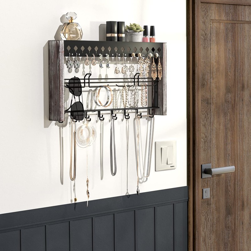 JackCubeDesign MK460A - Wood Wall Mount Jewelry Organizer with Metal