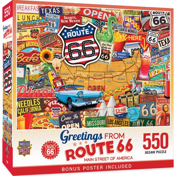 Masterpieces 550 Piece Jigsaw Puzzle for Adults, Family, Or Kids - Greetings from Route 66-18"x24"
