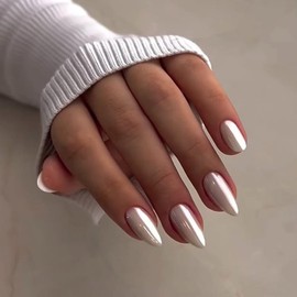 Milky White Press On Nails Almond - KQueenest Chrome Press On Nails Medium, Pearlescent Fake Nails Press on Mirror Shine, Glitter Glue on Nails Medium Stiletto, Glazed Stick On Nails for Women