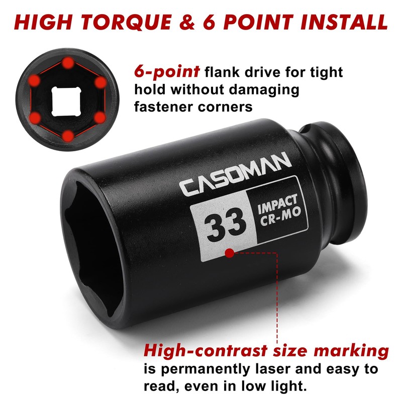 CASOMAN 1/2- Inch Drive Deep Spindle Axle Nut Impact Socket