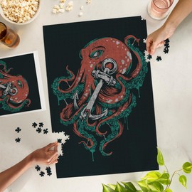 Lantern Press 1000 Piece Jigsaw Puzzle, Octopus Anchor, Grunge Style