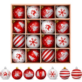 Christmas Baubles Plastic Christmas Tree Decorations, 16 Pieces Christmas Tree Baubles Christmas Tree Decoration 7 Styles Christmas Tree Baubles with Lanyard, Christmas Baubles Red White Christmas