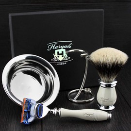Haryali London Men's Shaving Set with 5 Sided Razor, Silver Tip Badger Brush, Shaving Stand and Shaving Bowl Perfect Shaving Kit
