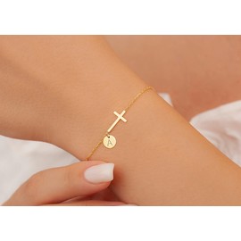 Cross Bracelet for Women Dainty Cross Bracelet with Initials Gold Link Chain Bracelets Christian Gifts for Women Teens Easter Baptism Religious Jewelry, 6.8, Metal, no gemstone