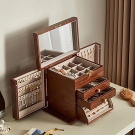 CHOSIN Black Walnut Wooden Jewelry Box, 4-Layer Lockable Organizer with Mirror, Rotatable Ring Holder,Side Doors & Brass Handle, Classical Design for Rings, Necklaces, Earrings, Christmas Gifts