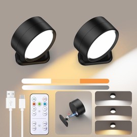 2 Pack Negro Lámpara de pared LED Interior, 3 colores y 3 niveles de brillo, El brillo se puede ajustar,control táctil y remoto, temporizador, carga USB, 360° rotación, para estudio lectura