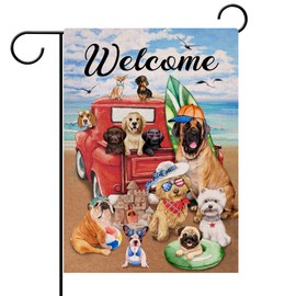 Hzppyz Welcome Summer Dogs Red Truck Beach Garden Flag Double Sided, Ocean Coastal Nautical Pickup Decorative Yard Outdoor Small Decor Home Outside Decoration 12 x 18