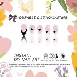 Valentines Press on Nails Short Almond MABKJLF French Tip Fake Nails Black & White False Nails with Designs Heart Gold Swirl Glossy Glue on Nails Acrylic Nails for Women Girls 24 Pcs