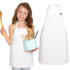 TIESOME Pack of 2 Children's Aprons, Adjustable Cooking Apron, Children's Apron, Painting Smock, Children 8-10 Years, Waterproof Painting Coat with Pockets for DIY Baking and Craft Activities, White