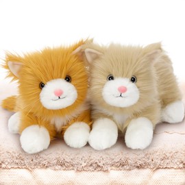 Tezituor 2 Pcs Realistic Cat Stuffed Animal Set, 17 Inch Large Stuffed Teddy Cat Plush Toy with Long-Hair, Cute Plush Kitten Birthday Gift for Girl Boy (Orange & Golden)