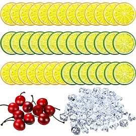 130 Pieces Fake Lemon Slice Ice Cubes Set, Include 20 Simulation Lemon Slice Fake Lemon Slices Fake Fruit, 100 Acrylic Fake Ice Cube, 10 Artificial Simulation Cherries for Wedding Kitchen Decoration