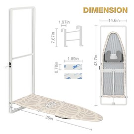 KINGBOARD Over Door Ironing Board, Hanging Ironing Board with Iron Holder, 36" X 12" Compact Fold Down Iron Board for Small Spaces, Removable Heat Resistant Cover, White