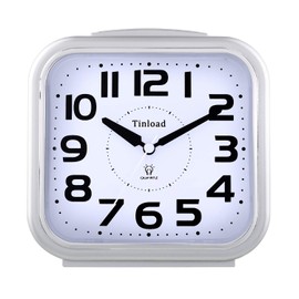 Tinload 5.5" Large Analog Alarm Clock Silent Non Ticking, Gentle Wake, Beep Sounds, Increasing Volume, Battery Operated Snooze and Manual Light, Easy Set, Silver