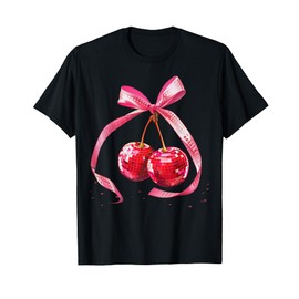 Coquette Preppy Pink Bow Cherry Disco Ball Y2K Aesthetic T-Shirt