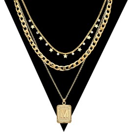 MJartoria Layered Initial Necklaces for Women Trendy, 14K Gold Plated Simple Star Choker Square Letter M Pendant Necklace, Paperclip Chain Necklace, Layered Gold Necklaces for Women Jewelry Gifts
