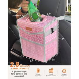 Pritent Pritent Car Trash Can with Lid, Cute Leakproof Car Trash Garbage Bag Hanging Vehicle Trash Bin Small Portable Automotive Garbage Cans Organizer for Back/Front Seat/Console(2.8 Gallons,Pink Print)