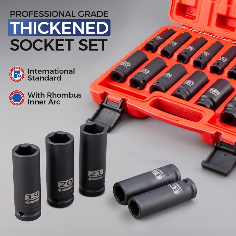 ATOOLMIC 16 Pieces 1/2 Inch Metric Drive Impact Socket Set(Deep10mm-32mm)